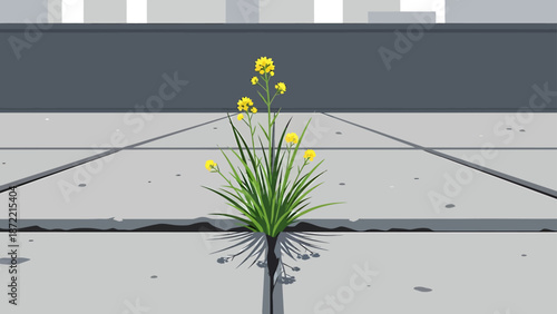 plant growing through concrete sidewalk crack symbolizing resilience and urban natures ability to thrive against adversity in the city