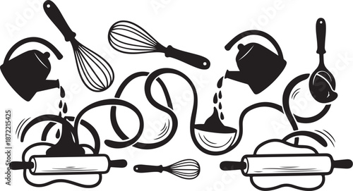 Baking tools and utensils in black and white illustration