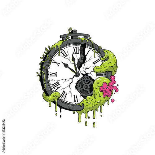 Decaying Pocket Watch with Cracked Face and Oozing Slime.