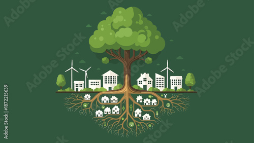 green city concept with an urban landscape and homes rooted in a giant tree symbolizing sustainable urban development and eco-friendly community growth.