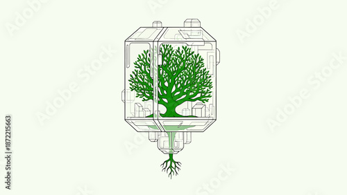 green city concept a vibrant tree in transparent futuristic module symbolizing sustainable development and ecological solutions for urban planning.