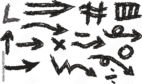 Hand drawn arrows and symbols on a white background