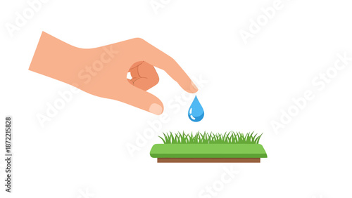hand watering grass with a single water droplet for growth and sustainability illustrating careful plant care and environmental protection concepts