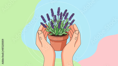 hands holding lavender plant in a pot against a pastel background symbolizing natural care wellness and aromatherapy concepts for home.