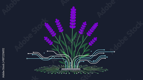 lavender plants growing from microchip circuit board illustrating nature technology fusion sustainable innovation for biotechnology and digital agriculture