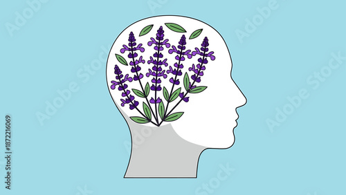 mental well-being concept illustration with a human head filled with purple lavender flowers symbolizing natural health and inner peace.