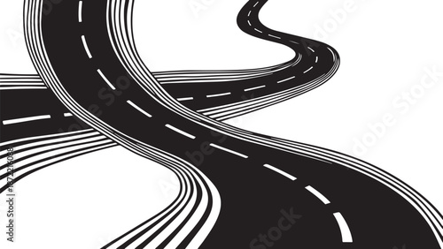 Winding road with multiple lanes and dashed lines ahead