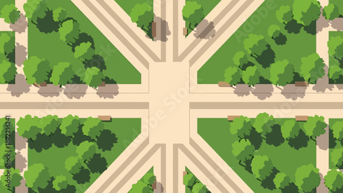 overhead view of a meticulously designed urban park with lush green trees inviting pathways and benches ideal for city planning and nature concepts.