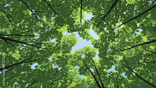 overhead view looking up through green tree canopy with bright blue sky and sunlit leaves representing growth natural environment and refreshing design.
