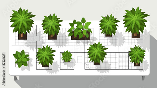 overhead view of green potted plants on a white grid table illustrating indoor gardening layouts home decor and urban farming design concepts.