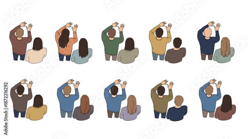 Top view people communicating in sign language for inclusive community space designs.