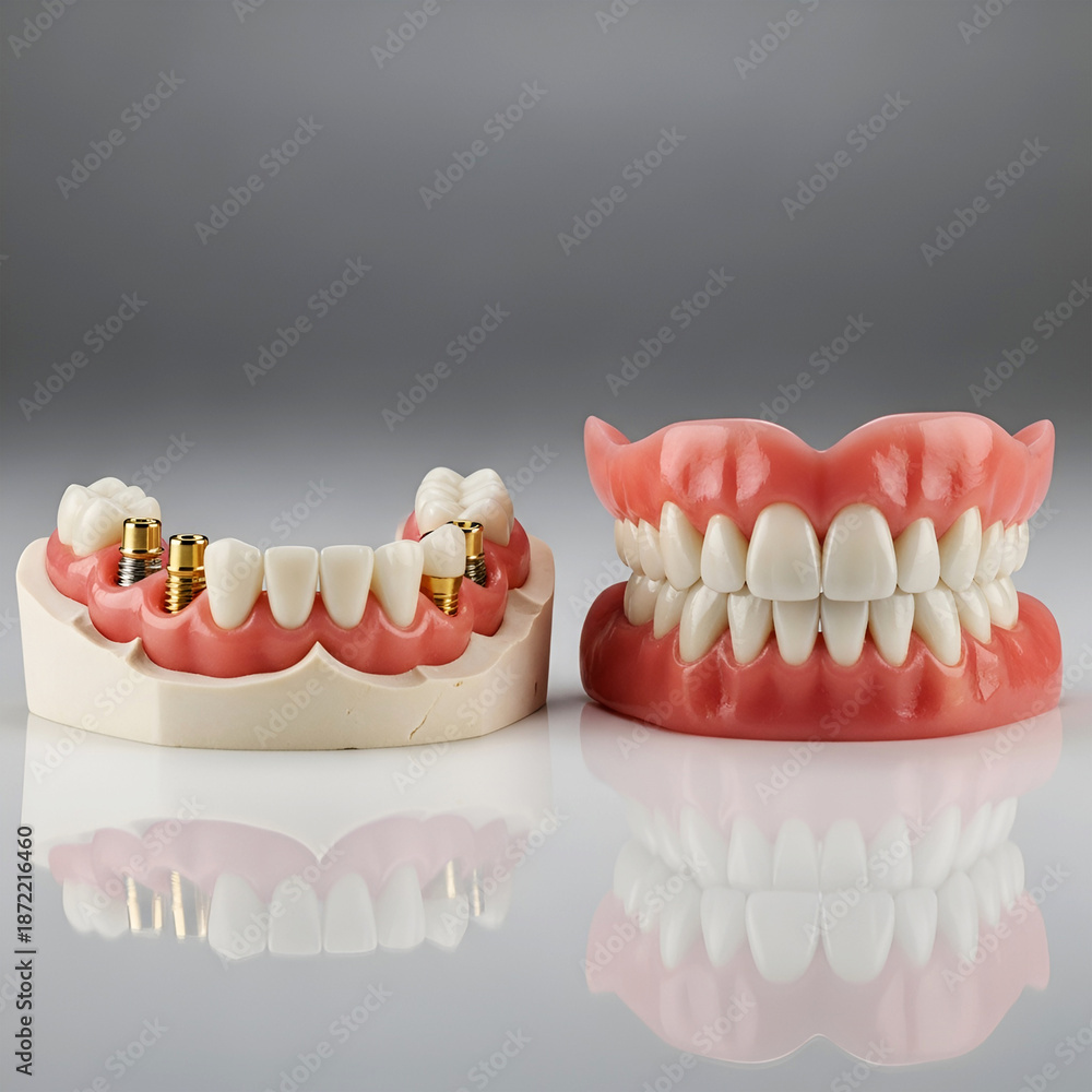 Obraz premium Dental implant model and full denture set on reflective surface teeth
