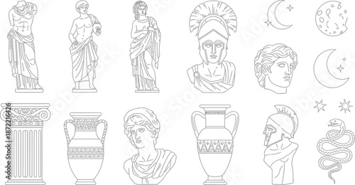 Ancient Greek Statues and Mythology Elements Including Gods Goddesses Helmets and Celestial Bodies Keywords: ancient greece, greek mythology