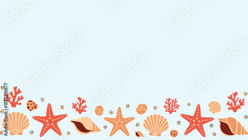 Beautiful collection of starfish, seashells, and corals are arranged along the bottom edge of a light blue background creating a marine border.