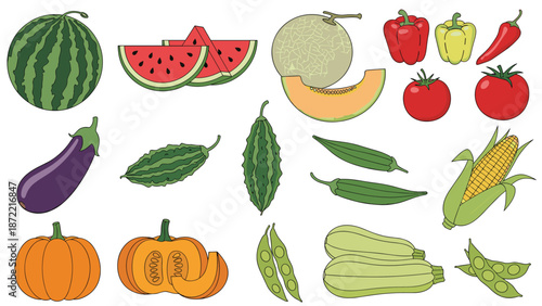 Diverse collection of fresh summer vegetables and fruits including watermelon, melon, peppers, pumpkin, and corn are illustrated on white.