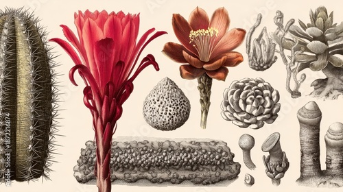 Detailed Botanical Illustration of Cactus Flower, Seeds, and Succulent Plants in Vintage Style