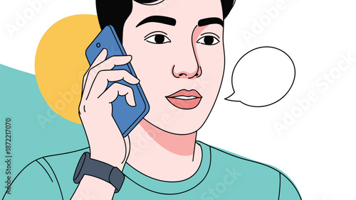 Young man with dark hair is engaged in a phone conversation while a speech bubble and abstract shapes appear in the background of this graphic.