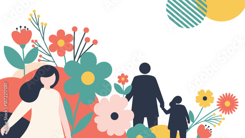Silhouettes of a family walking together are set against a vibrant and colorful floral background with various flowers and abstract shapes.