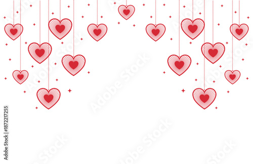Vibrant Valentine's Day vector art with symmetrical cascade of red hearts hanging from thin strings amid sparkling stars on pure white background, ideal for romantic cards, banners, invitations.