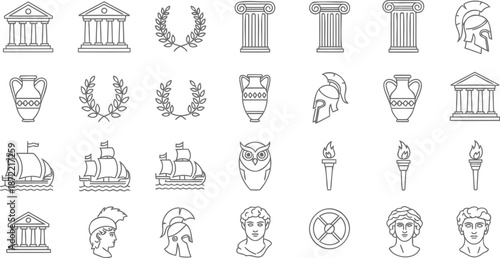Collection of Ancient Greek Icons Including Temples Columns Ships Owls and Helmets