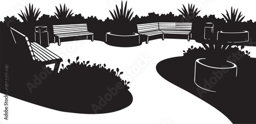 Black and white park scene with benches and plants