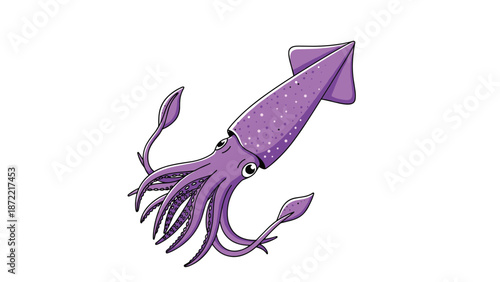 Detailed illustration of a purple squid with its tentacles and large eyes is shown swimming diagonally against a plain white background for study.