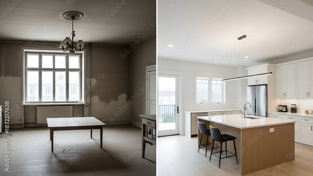 Fototapeta premium Transformation from Old Dated Room to Modern Bright Kitchen Renovation