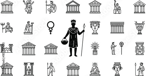 Collection of Ancient Greek Icons with Temples Figures Mythology and Symbols Keywords: ancient greece, greek mythology, icon, symbol, temple