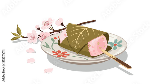 Delicious sakura mochi wrapped in a cherry leaf is served on an ornate plate with cherry blossom branches and petals scattered on the table.