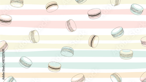 Delightful and sweet pattern features colorful macarons in pastel shades floating over a background of horizontal pink, yellow, and blue stripes.