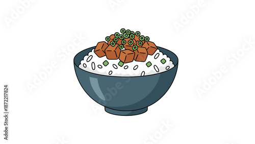 Bowl of fluffy white rice is topped with savory brown cubes of meat or tofu and sprinkled with fresh green onions for a delicious meal.