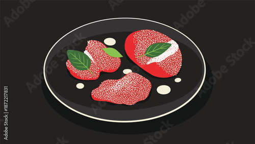 Gourmet appetizer plate features slices of fresh tomato topped with mozzarella cheese and basil leaves with dots of sauce on a black dish.