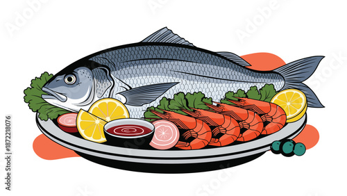 Large whole grilled fish is beautifully served on a platter with fresh lettuce, lemon slices, red onions, and several cooked pink shrimp.