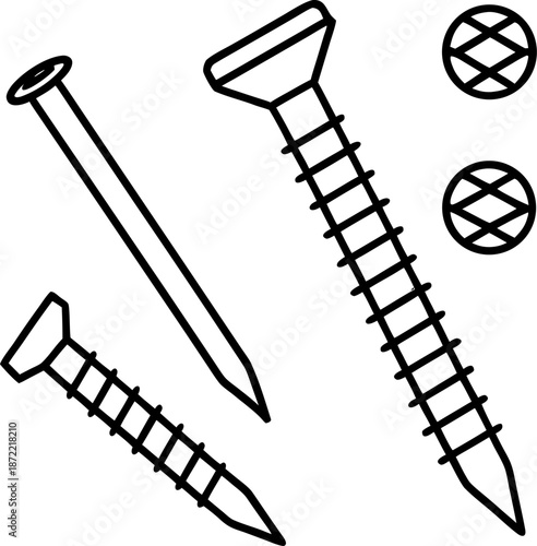 screws and long metals industrial  vector outline icon on white background 