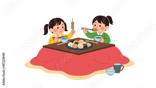 Two young girls enjoy a traditional Japanese oden meal while sitting at a cozy kotatsu table during the cold winter season.