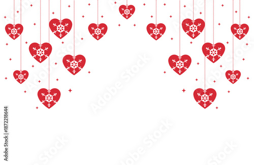 Vibrant Valentine's Day vector art with symmetrical cascade of red hearts hanging from thin strings amid sparkling stars on pure white background, ideal for romantic cards, banners, invitations.