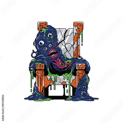 Cartoon Monster on Throne with Eyes and Dripping Slime.