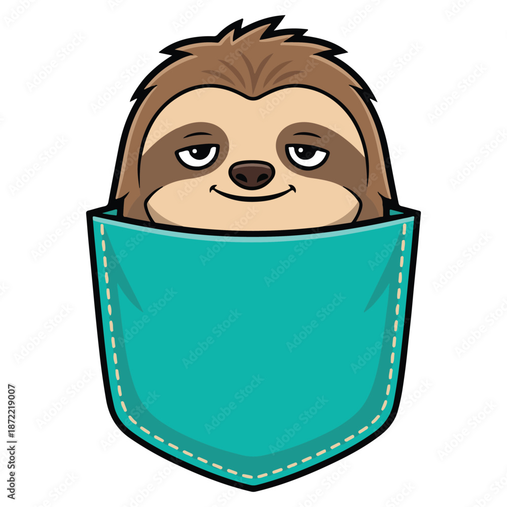 Naklejka premium Sloth in Pocket illustration, cute pocket design, Funny Pocket Character, t-shirt pocket clipart 