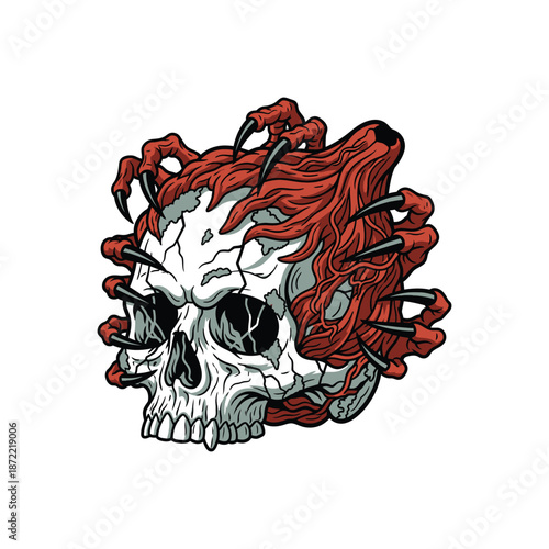 Skull with Red Clawed Hands Emerging Vector Illustration.