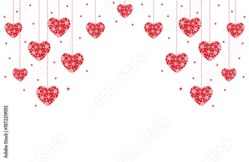 Vibrant Valentine's Day vector art with symmetrical cascade of red hearts hanging from thin strings amid sparkling stars on pure white background, ideal for romantic cards, banners, invitations.
