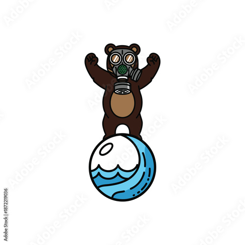 Cartoon Bear Wearing Gas Mask Standing on Water Globe.