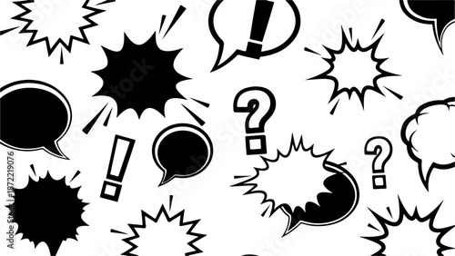 Dynamic monochrome pattern of comic speech bubbles, thought clouds, bold exclamation marks, and curious question marks. Ideal for energetic communication and creative designs