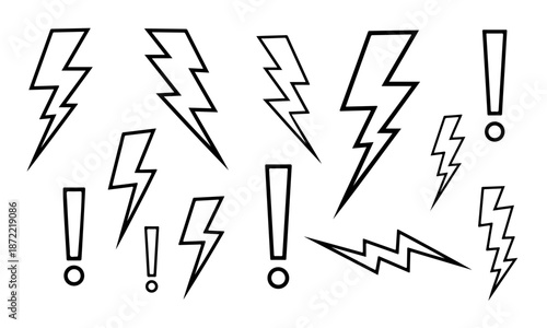 Black outlined vector set of various lightning bolts and exclamation marks. Ideal for conveying energy, warning, power, and urgency in graphic design projects