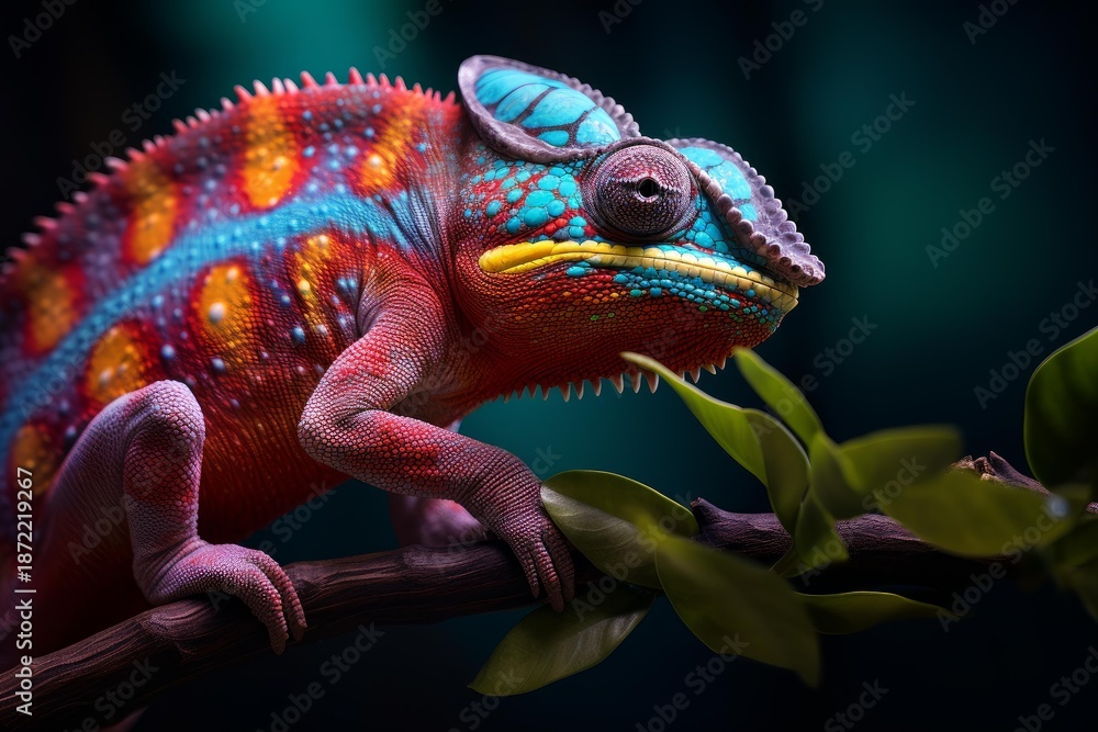 Fototapeta premium Chameleon blending vibrant colors on a branch, showcasing tropical wildlife