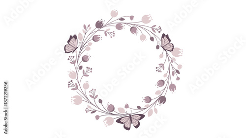Muted purple floral wreath illustration depicts graceful branches with buds and butterflies forming a circular border design.
