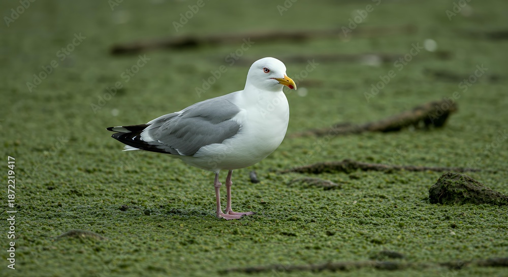 Obraz premium Seagull Standing on a Carpet of Green Algae in a Coastal Wetland, Commercial Stock Photo for Bio-Diversity and Nature