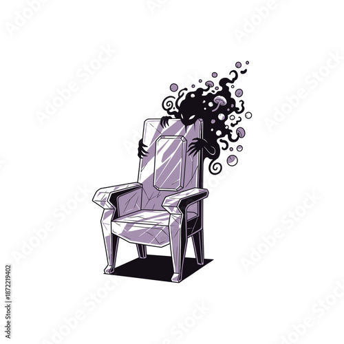 Illustration of an empty chair with a dark figure behind it.