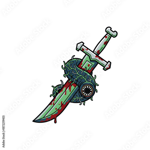 Cartoon Dagger with Monster and Blood Illustration on White Background.