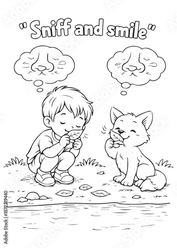 Coloring book boy smiling while sniffing leaves together with a cute ferret in a calm outdoor nature scene
