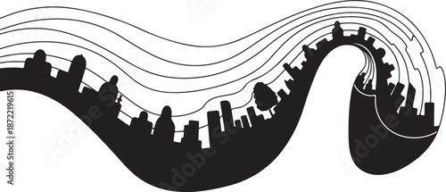 City Skyline Silhouette with Wavy Lines and Modern Architecture